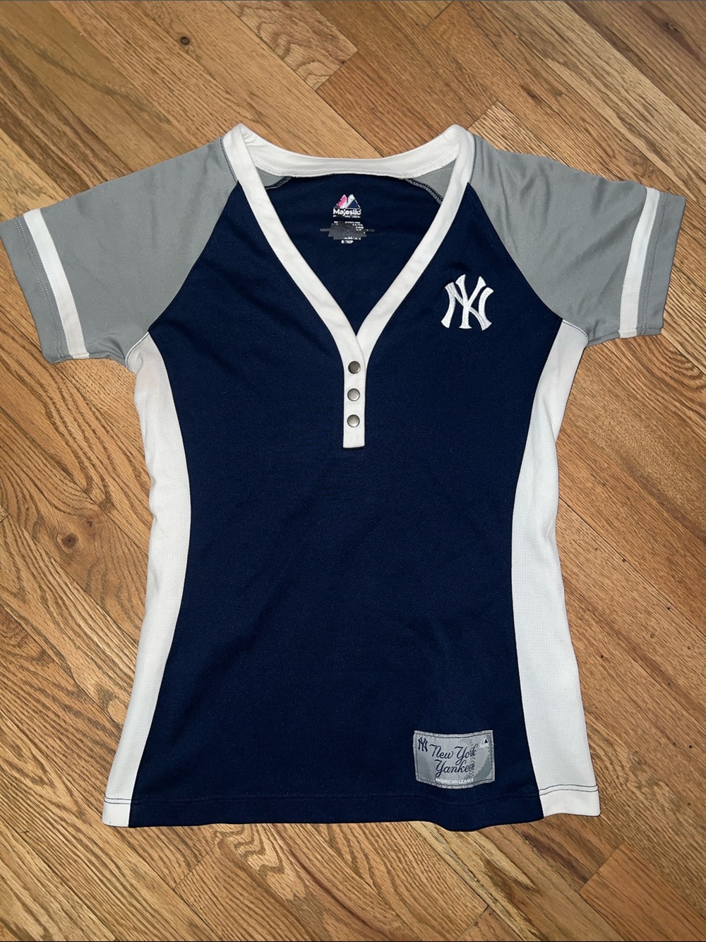 Majestic Navy Blue & Gray New York Yankees Henley A-ROD Tee Size Small